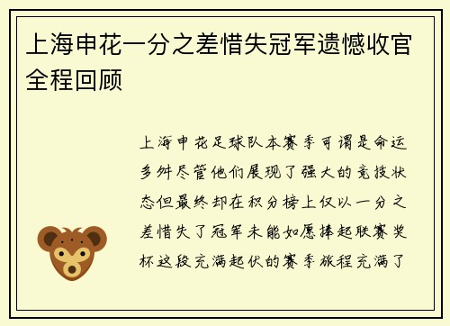 上海申花一分之差惜失冠军遗憾收官全程回顾