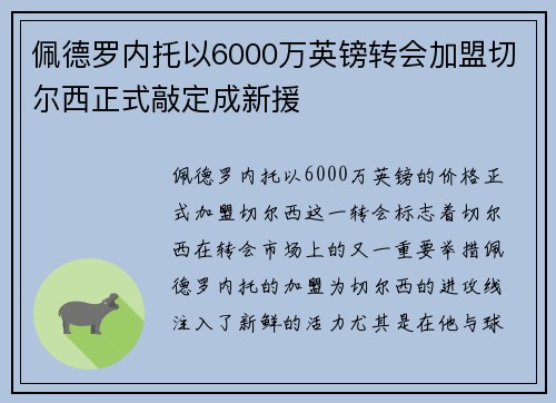 佩德罗内托以6000万英镑转会加盟切尔西正式敲定成新援 佩德罗内托以6000万英镑转会加盟切尔西正式敲定成新援
