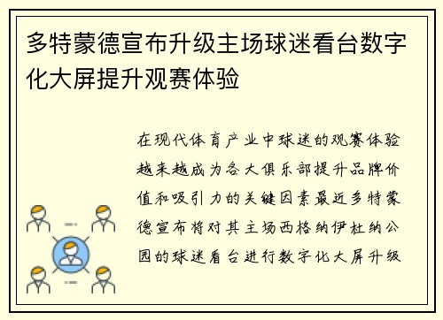 多特蒙德宣布升级主场球迷看台数字化大屏提升观赛体验